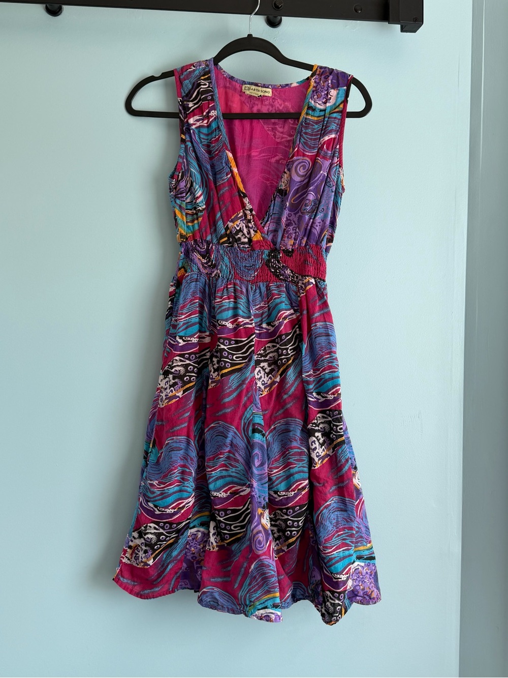 Earth Song Boho Abstract Print Cotton Midi Dress Smocked Waist Size M